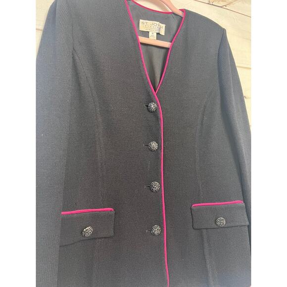 St. John Black Evening Sweater Pink Trim Big Sparkle Buttons *Small Flaw* Size 6 - Picture 9 of 9